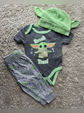 Star Wars Grogu “Snack Time!” 3PC Outfit Set 3-6M Baby Yoda Gray Green